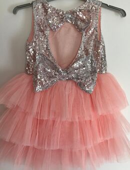 Kinder Mädchen Kleidchen Party Weihnachten Silvester Besondere Anlässe Festlich Herz Schleife Tutu Tüll Glitzer Glanz Effekt neu mit Etikett Silber Rosa Lachsfarbe, Gr. 98/104 - Albstadt