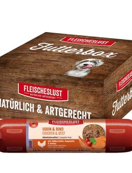 Fleischeslust Futterbox Senior Classic 6 x 800 g - Huhn & Rind mit Süßkartoffel, Hagebutte & Gingko
