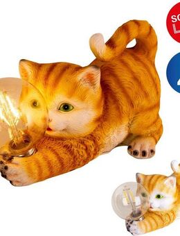 näve LED Solarleuchte Katze, LED fest integriert, Warmweiß, süße gestreifte Katze mit beleuchteter Kugel und warmweißem Licht