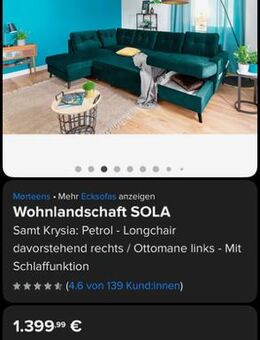 Sofalandschaft Petrol mit Schlaffunktion - Berlin