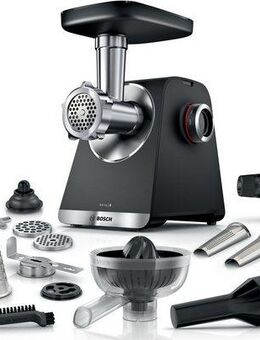 BOSCH Fleischwolf Serie 6 MFWS682B, 3,5kg/Min., Zitruspresse, Raspel, Wurststopfer, 500 W, 2 Lochscheiben (3&8mm), 10 J Motorgarantie, Planetengetriebe, schwarz