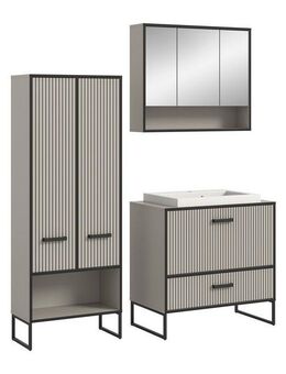 welltime Badmöbel-Set Locri, Breite 154 cm, Rillenoptik, Metallkufen, (3-St), best. aus: Hochschrank, Spiegelschrank, Waschtisch