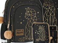 Schulrucksack für Mädchen - Schwarz/Gold mit Katzenmotiv, 3-teilig, Klasse 1-3 - Wuppertal