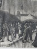 Bleistiftzeichnung : Fabrik , Schichtende , Arbeiter , Menschen , Monogramm B.M. , datiert 1911 , Blatt 20cm x 17cm , Blatt auf Unterlage montiert ,K329 in 02828