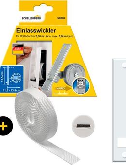 SCHELLENBERG Einlass-Gurtwickler inkl. Abdeckplatte, Gurtführung, Rollladengurt grau oder weiß, Set, 1-tlg., Unterputz Gurtwickler 13,5 cm Lochabstand für das Rollladensystem Maxi