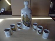 6er Set Alkoholbecher und Alkoholflasche aus Keramik mit Segelbootsmotiven und Texten - Ritterhude