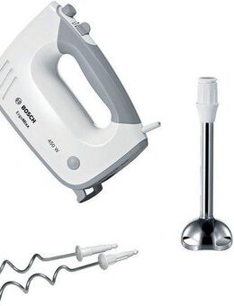 BOSCH Handmixer ErgoMixx MFQ36470, Edelst. Rührbesen/Knethaken, Mixfuß, 5 Stufen, weiß, 450 W, Turbotaste, Mixbecher, ergon. Soft-Touch-Griff, Made in Europe