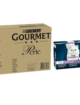 96 x 85 g Jumbopack Gourmet Perle + 12 x 85 g Gemischte Auswahl gratis! - Forelle, Truthahn, Ente, Wild in Gelee