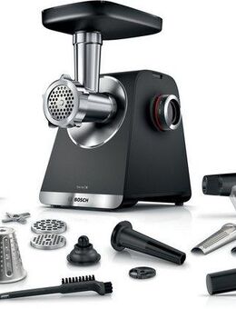BOSCH Fleischwolf Serie 6 MFWS660B, 3,5kg/Min., Raspel, 2 Lochscheiben (3&8mm), schwarz, 500 W, Fruchtpresse, 2 Stufen, 10 J Motorgarantie, Planetengetriebe