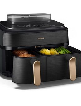 Philips Heißluftfritteuse NA552/00 Steam Airfryer 5000 Series Dual Basket 9L Kapazität (3L+6L), 2750 W, mit Dampfgar-Funktion, Schwarz/Kupfer
