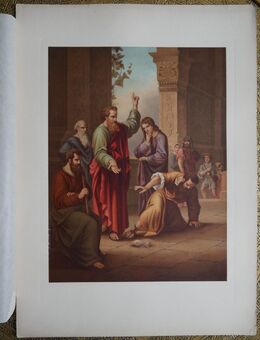 Chromolithografie , Judas Iskariot verriet Jesus für 30 Silberlinge an die jüdischen Hohenpriester. , Religion ,Blatt 40cm x 29cm , Ansicht 28cm x 21cm , M - C - Görlitz