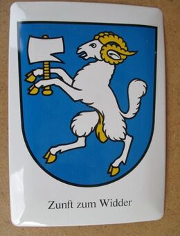 Sächsiilüüte Zunftwappen Widder 1336 Postkarte aus Blech. Zürcher Zunftwappen 1336 - Volketswil