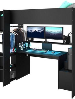 Parisot Hochbett Meddox, TOPSELLER! OTTOs Choice, Gamerbett, LED, Schreibtisch (Gesamtaußenmaße B/T/H 203,7/94,4/180 cm) Kleiderstange, viel Stauraum, ideal für kleine Räume, ALL-IN-ONE Bett