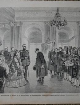 Grafik : Die Vermählung des Prinzen Albrecht von Preußen mit Prinzessin Marie von Sachsen - Altenburg. , Empfang der Deputation mit den Geschenken., 1873 , Blatt 37cm x 27cm , M39 - Görlitz