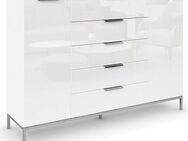 rauch Schubkastenkommode Kommode Türkommode Sideboard Kombikommode FLIPP mit Glasfront (Breite 160/180 cm mit 4 Einlegeböden), 2-türig, 5 Schubladen, Soft-Close, Oberboden und Front Glas, 2 Breiten