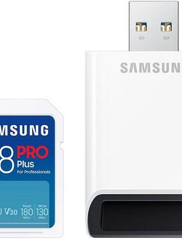 Samsung PRO Plus SD (2023) + USB-Kartenleser Speicherkarte (128 GB, Video Speed Class 30 (V30)/UHS Speed Class 3 (U3), 180 MB/s Lesegeschwindigkeit)