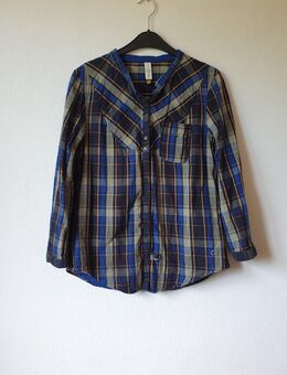Damen Kleidung: Schwarz blau orange beige karierte Bluse mit Knöpfen - Eichstätt