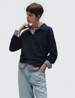 Marc O'Polo Langarm-Poloshirt Heavy Jersey-Woven V-Ausschnitt, Langarm