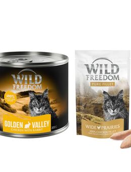 Wild Freedom Kombi-Paket: Adult Nassfutter + Filet Snacks - 24 x 200 g Golden Valley: Kaninchen & Huhn + 3 x 100 g Hühnerfilet