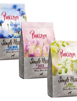Purizon Single Meat Probierpaket 3 x 1 kg - Pferd mit Ringelblumen, Lachs mit Kornblumenblüten, Ente mit Lavendelblüten