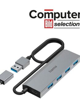Hama USB Hub mit Netzteil und Adapter grau, 4 Ports mit USB C und USB Typ A USB-Adapter USB Typ A, USB Typ C zu USB Typ A, 100 cm