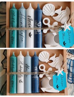 Geschenk Set Maritim Glück beginnt am Meer Herz Anker Kerzenständer 4 Kerzen Holz Geschenkbox Heimathafen Moin Leuchtturm - Rheinbach