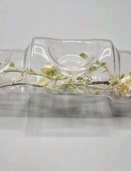 Teelichthalter Glas für 3 Teelichter Inkl Dekoblumen Windlicht 31,5cm lang 10cm - Essen