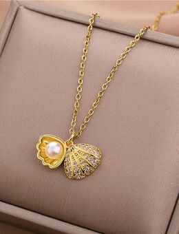 ☝️☝️☝️ Halskette Edelstahl Gold, Anhänger Perle in Muschel, NEU ⭐⭐⭐⭐⭐ - Gersthofen