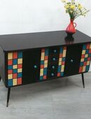 50er Sideboard Kommode 2 Türen 4 Schubladen, Nußb dkl + Muster bunt, Mid Century in 53489