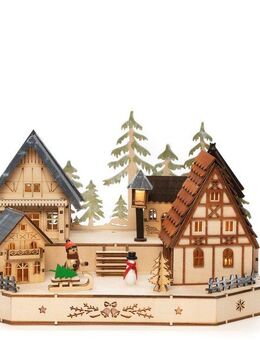 KONSTSMIDE Weihnachtsdorf Weihnachtsdeko, LED Holzsilhouette, Dorf mit Schneemann, Kind und Schlitten