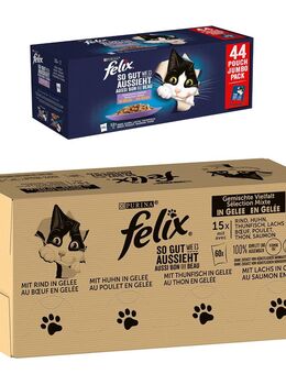 Jumbopack Felix + 44 x 85 g Pouches gratis! - 120 x 85 g "So gut wie es aussieht" Fleisch Mix II + 44 x 85 g Huhn, Rind, Thunfisch, Lachs