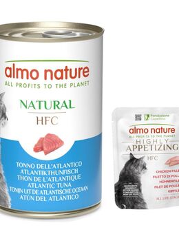 6 x 140 g Almo Nature HFC Natural + 6 x 50 g Nassfutter zum Sonderpreis! - Atlantikthunfisch + Highly Appetizing Hühnerfilet