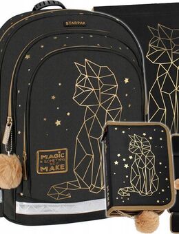 Schulrucksack für Mädchen - Schwarz/Gold mit Katzenmotiv, 3-teilig, Klasse 1-3 - Wuppertal
