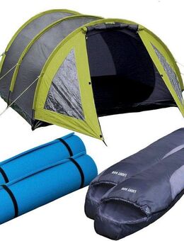 EXPLORER Tunnelzelt Campingset 5-teilig, 1 Zelt / 2 Schlafsäcke / 2 Isomatten, Personen: 3 (Set, 5 tlg., 1 x Tunnelzelt, 2 x Schlafsack Light 600, 2 x Isoliermatte gerollt)