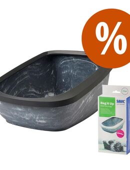Savic Katzentoilette Aseo Jumbo marble - Starterset: Toilette grau marmoriert/schwarz + 6 Bag it up