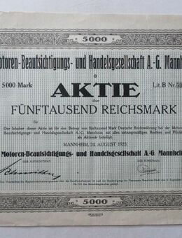 Historisches Wertpapier. Motoren-Beaufsichtigungs- und Handelsgesellschaft A.-G. Mannheim, von 1923 - Königsbach-Stein