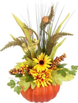 Kunstblume Gesteck aus Dahlien Beeren Gräsern im Kürbis, I.GE.A., Höhe 40 cm, Arrangement mit künstlichen Blumen Dekoblumen Herbstdeko