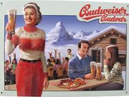 Budweiser Brauerei - Sonderedition - Frau mit Skifahrern - Blechschild 29,5 x 21 cm - Doberschütz