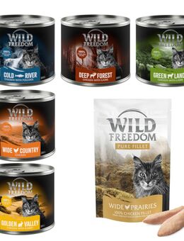 Wild Freedom Kombi-Paket: Adult Nassfutter + Filet Snacks - 24 x 200 g Mixpaket 1 (Huhn, Seelachs, Lamm, Kaninchen, Wild) + 3 x 100 g Hühnerfilet