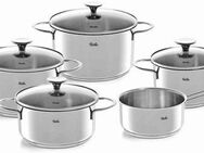 Fissler Topf-Set Copenhagen, Edelstahl 18/10 (Set, 9-tlg., Bratentopf 20 cm, je 1 Kochtopf 16/20/24 cm, Stielkasserolle 16 cm), Töpfe mit Glasdeckel, Mess-Skala, Induktion, backofengeeignet