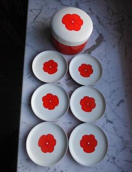 Laurids Lonborg Danish Design Coasters 6 Gläser-Untersetzer in Dose Kunststoff weiß orange Blumen Vintage 25,- - Flensburg