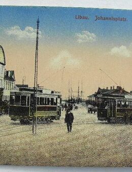 Ansichtskarte, Postkarte, Libau, Johannisplatz, Straßenbahn, 1918 koloriert - Königsbach-Stein