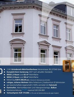TOP :: 2-Raum-Appartement 1.OG | Fahrstuhl, Kaminofen, Balkon, Bad mit Fenster, Videosprech - Gera