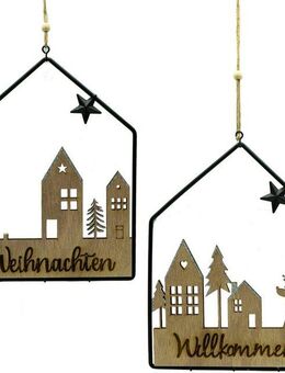 NOOR LIVING Weihnachtsfigur Deko-Schild aus Holz und Metall, mit Aufschrift Willkommen/Weihnachten (Set, 2 St), Dekoobjekt, Weihnachtsdeko, Türschild, Höhe ca. 24 cm