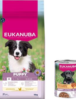 15 kg Eukanuba Premium Nutrition + 3 x 400 g passendes Nassfutter gratis! - 15 kg Puppy Medium Breed Huhn + 3 x 400 g Puppy Pute mit Karotten