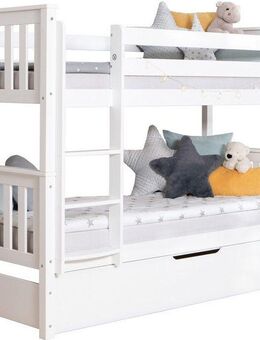 Ticaa Etagenbett Sammy, umbaubar zu 2 Einzelbetten, edles Design im Landhausstil (90x200cm), inklusive Schubkasten, 2x Rollrost, zertifiziertes Massivholz Kiefer