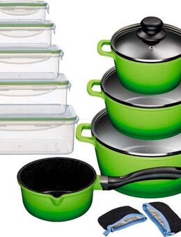 KING Topf-Set ALUGUSS, Aluminiumguss (Set, 19-tlg., je 1 Kochtopf 16/20/24 cm, 1 Stieltopf 16 cm, Vorratsdosen-Set, Grips), Glasdeckel, Induktion,Keramikantihaftbeschichtung