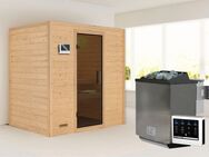 Karibu Sauna "Sonja" mit graphitfarbener Tür Ofen 9 kW Bio externe Strg modern, BxTxH: 196 x 146 x 198 cm, 38 mm