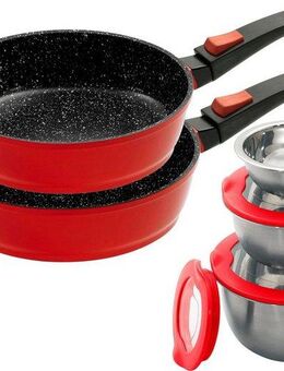 KING Pfannen-Set, Aluminiumguss (Set, 8-tlg., je 1 Pfanne Ø 24/28 cm, 3 Schüsseln Ø17,5 / Ø 14,5 / Ø12 cm mit Deckel), Induktion, abnehmbare Pfannengriffe, Schüsselset