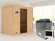 Karibu Sauna "Sonja" mit graphitfarbener Tür Ofen 9 KW externe Strg modern, BxTxH: 196 x 146 x 198 cm, 38 mm